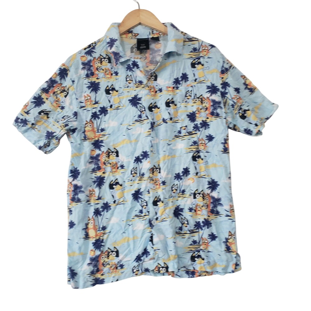 Bluey Button Up Shirt Mens Small Blue Tropical Palm Tree Camp Hawaiian Rayon